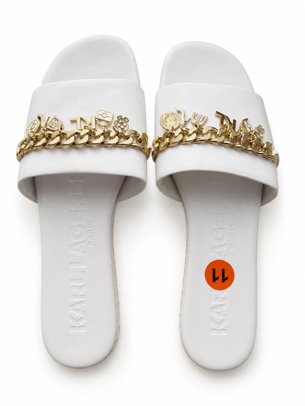 Karl Lagerfeld Paris White Chain-Trim Slide Sandals – Women’s Size 11